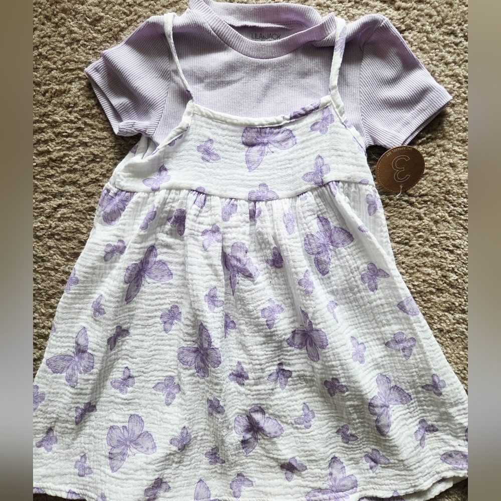 Girls Purple Butterfly Pinafore Dress w/ Matching Top Size 4T